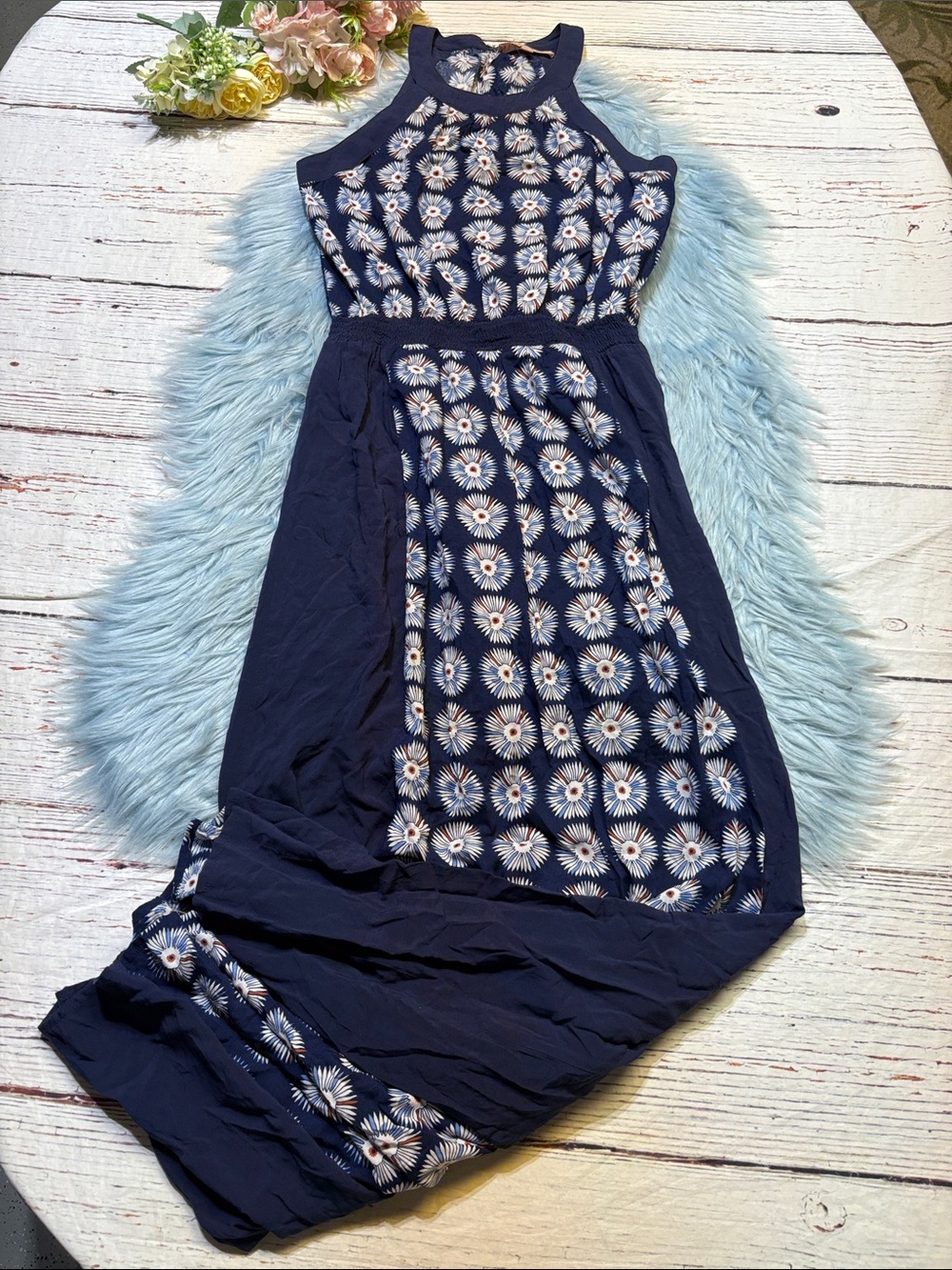Philosophy Navy Floral Maxi Dress with White and Light Blue Daisy Print Sz M